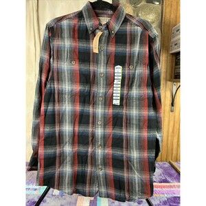 Duluth Trading Mens Small Free Swingin Flannel Relaxed Fit Shirt Gray Red Plaid